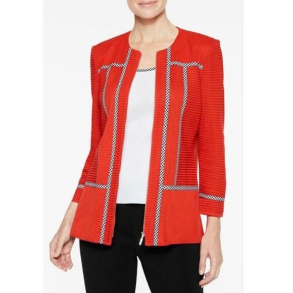 Ming Wang Poppy Red Gingham Trim Zip Front Long Sweater Jacket Womens S new nwt - Picture 1 of 16